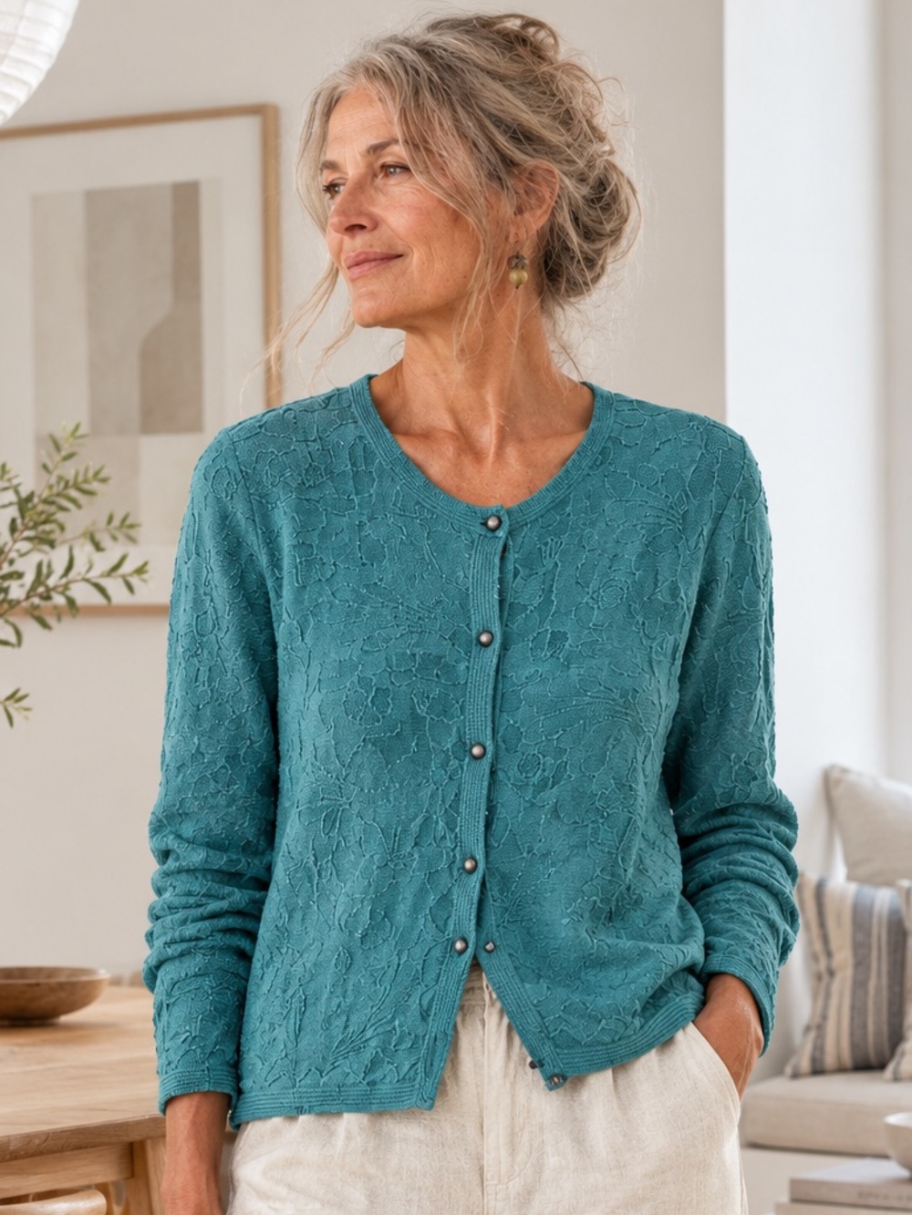 BOGO! Gudrun Sjoden Textured Knit Cardigan Sweater Cotton Teal Blue Small